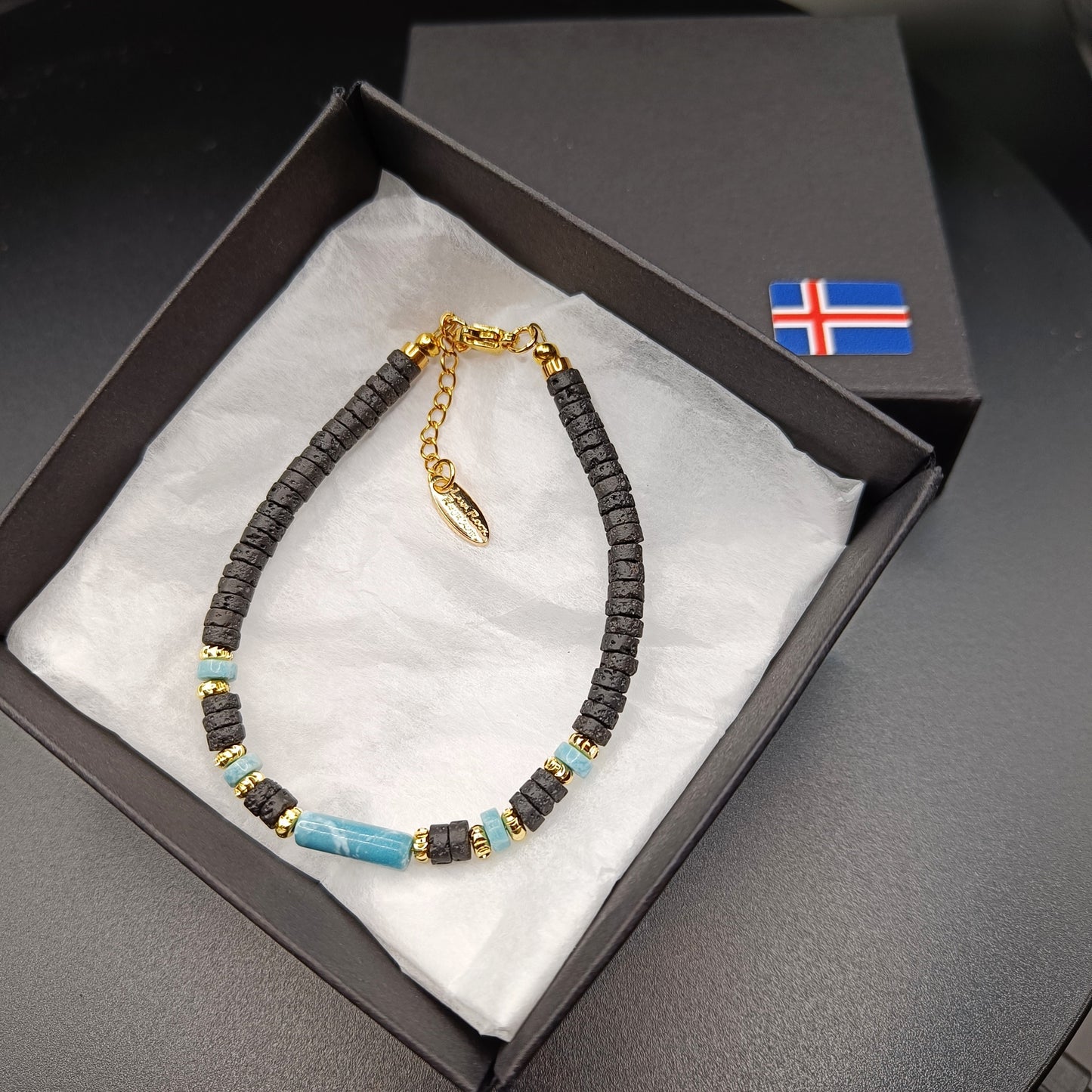 Aqua-Terra Jaspís steinarmband með þunnskornum hraunsteinum