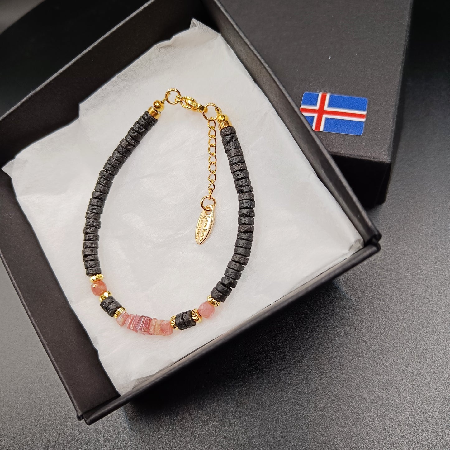 Bleikar Túrmalín Flögur og Þunnskorið hraun - Armband
