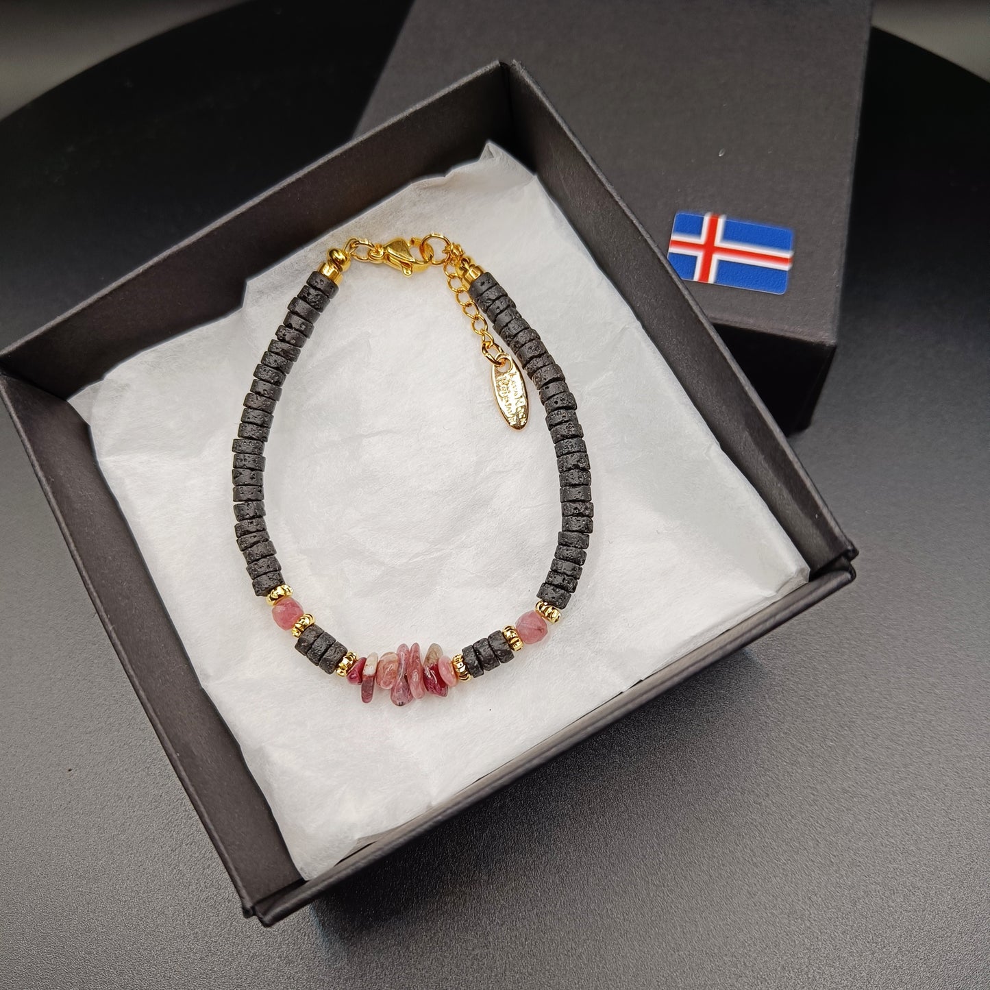 Bleikir Túrmalín Steinar og Þunnskorið hraun - Armband