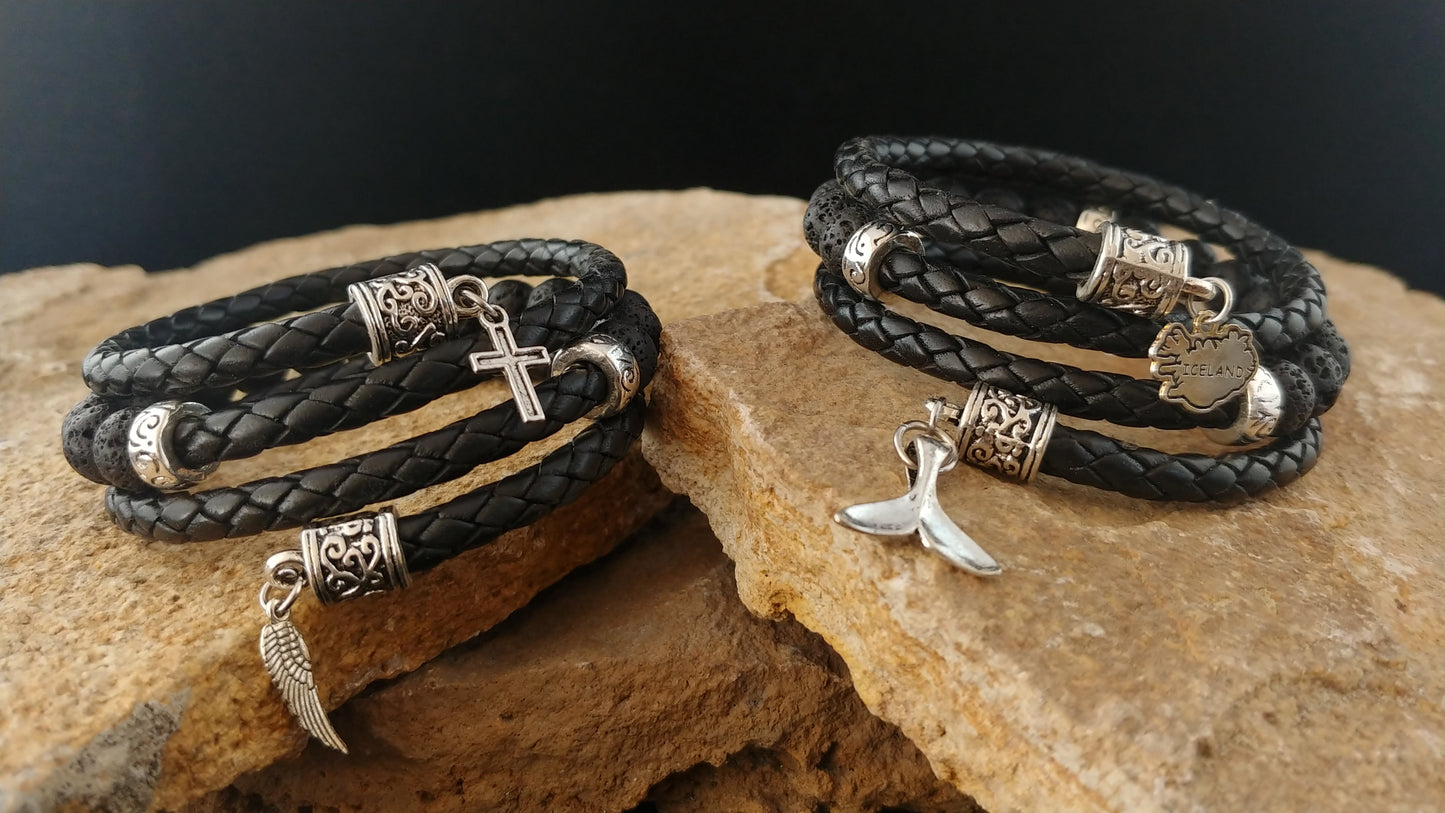 Vafin leður armbönd með Lava steinum og Silfur skrauti