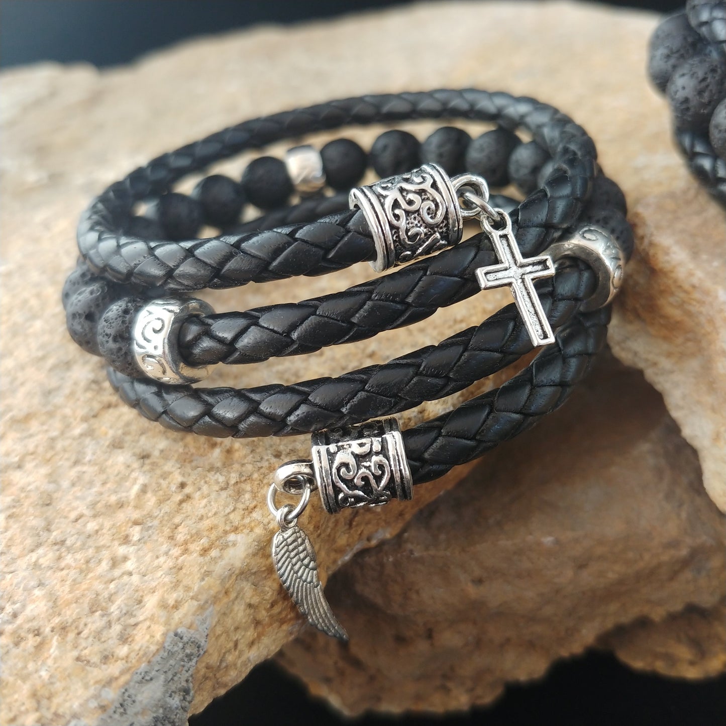Vafin leður armbönd með Lava steinum og Silfur skrauti